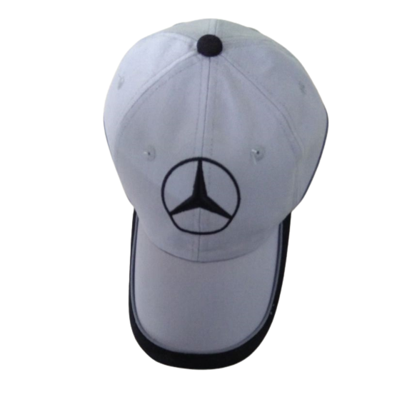 White cap with black mercedes logo